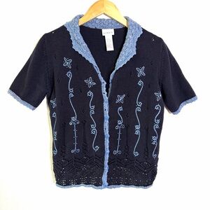 Crochet cottagecore sweater knit top Koret Blue Textured Knit Cardigan cotton S